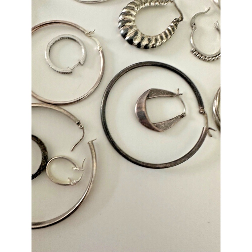Sterling Silver SINGLE EARRINGS set 22 Hoops 925 Hinged Textured 52 grams - Picture 7 of 11